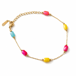Gold Plated Multi-Colour Oval Stone Bead Station Delicate Chain Bracelet with Lobster Clasp