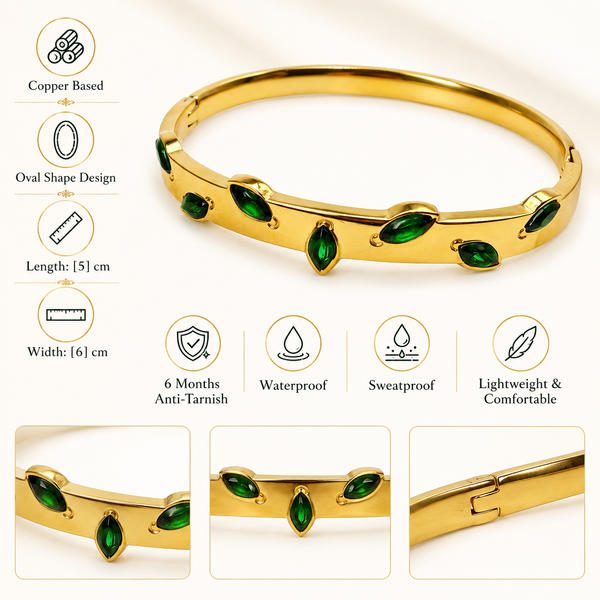 Real Marquise Emerald Green Stone Gold Oval Kada for Women | Oval Bezel Gemstone Stainless Steel Ladies Bangle | Genuine Stone Festive Jewellery - House of Viya