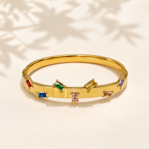 Real Baguette Square Multicolor Stone Gold Oval Kada for Women | Mixed Shape Gemstone Stainless Steel Ladies Bangle | Vibrant Festive Jewellery