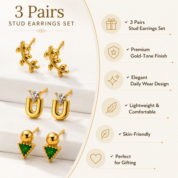 Earrings Knot, Horseshoe Hoop & Emerald Triangle Drop Stud Earrings Set of 3 Pairs