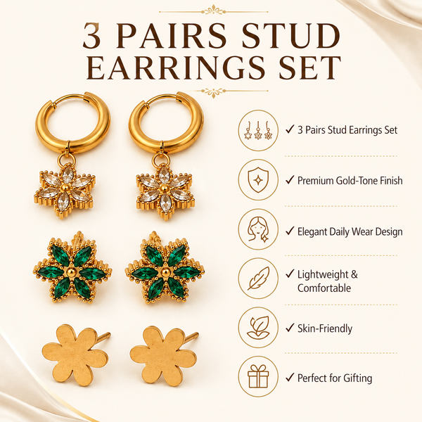 Earrings Floral Drop Hoop, Emerald Pave Flower & Gold Floral Stud Earrings Set of 3 Pairs