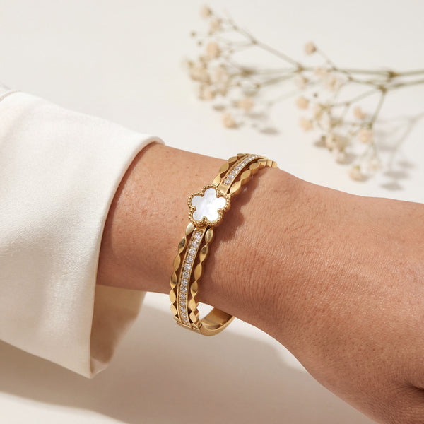 Mother of Pearl Clover Linked Baby Kada Bangle | Gold Plated Quatrefoil Lucky Cuff Bracelet for Women - House of Viya