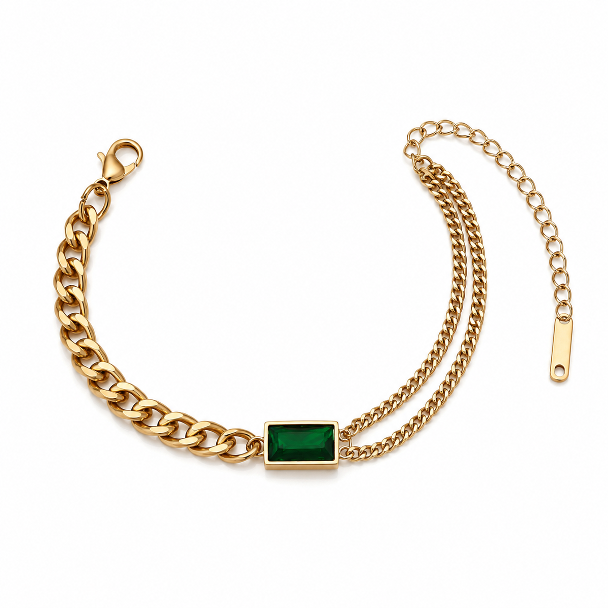 Gold Plated Cuban Curb Chain Bracelet with Rectangular Bezel Set Green Stone Centrepiece and Lobster Clasp