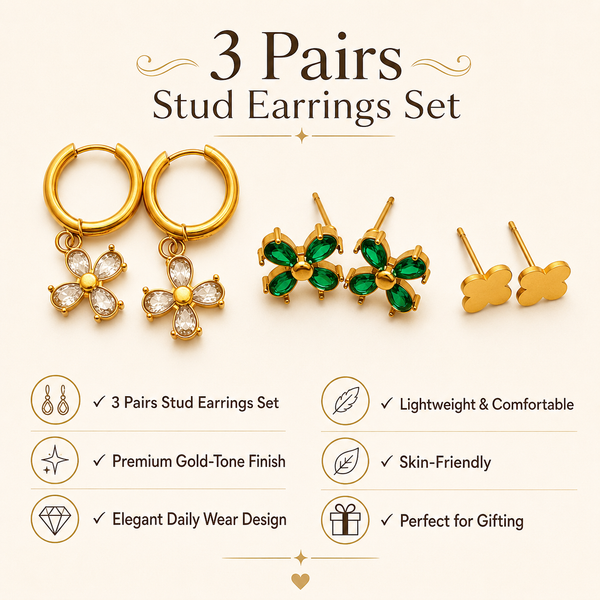 Earrings Floral Drop Hoop, Emerald Clover & Gold Clover Stud Earrings Set of 3 Pairs