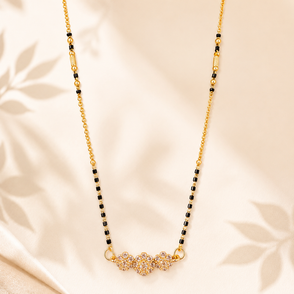 KZ Gold Plated Triple Ball CZ Mangalsutra for Women Black Bead Chain Round Ball Pendant FS - House of Viya