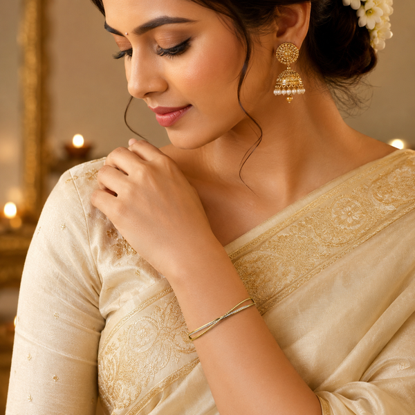 Gold Burnish Set Diamond Oval Kada for Women | Smooth Flush Stone Stainless Steel Ladies Bangle | Ultra Sleek Festive Jewellery - House of Viya