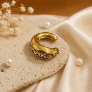 Ear Clips Gold-Tone Hoop White Crystal-Studded Elegant Drop Style