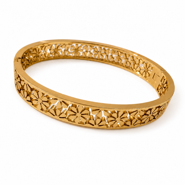 Kadas Gold-Tone Floral Engraved Wide Band Kada Bangle for Women - House of Viya