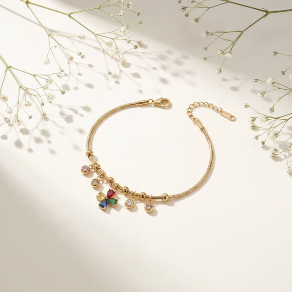 Gold Plated Snake Chain Bracelet with Multi Colour Stone Charm Cluster and Lobster Clasp - House of Viya