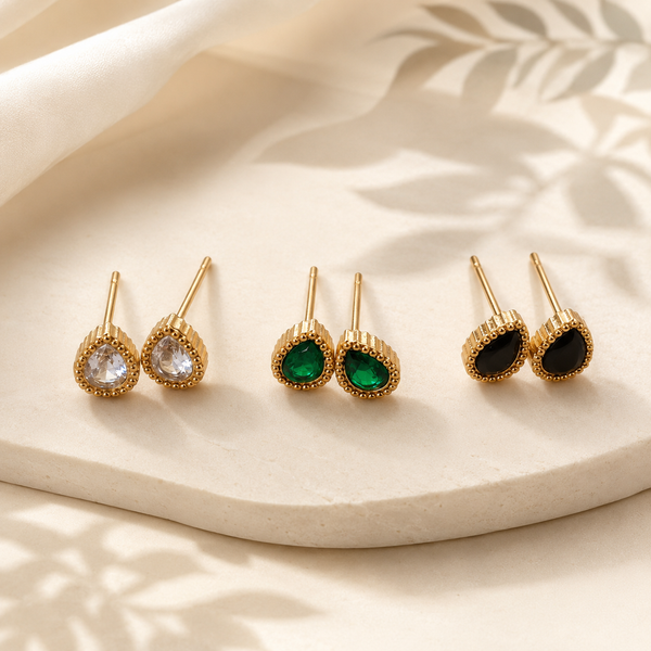 Earrings Crystal, Emerald & Black Round Halo Drop Earrings Set of 3 Pairs