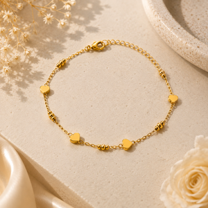 Gold Plated Multi-Colour Heart Charm Dual Strand Delicate Chain Bracelet with Lobster Clasp