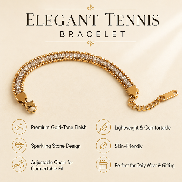 Gold Plated White Stone Tennis Centre with Dual Curb Chain Edges Statement Bracelet with Lobster Clasp - House of Viya