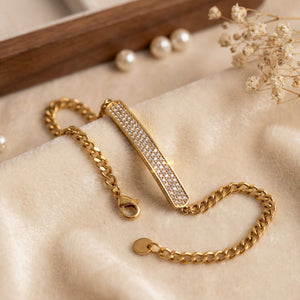 Close-up of Anti-Tarnish Gold Plated Celeste Bar CZ Stone Bracelet showing diamond-studded bar detail - House of Viya