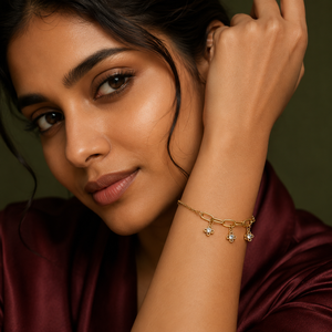 Gold Plated Paperclip Chain Bracelet with Triple Daisy Flower White Stone Charm Cluster Pendant