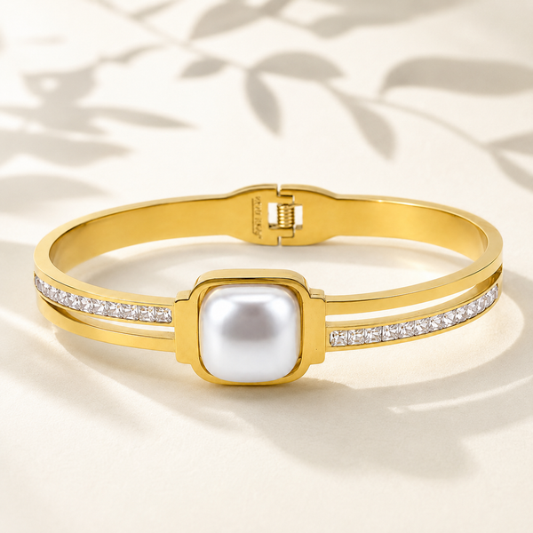 Gold Princess Panel Diamond Oval Kada for Women | Square Stone Panel Stainless Steel Ladies Bangle | Bold Design Jewellery - House of Viya
