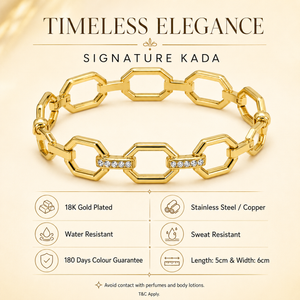 Kadas Gold-Tone Hexagonal Geometric Cutwork Kada with Crystal-Accented Links - Polished Finish Openwork Bracelet