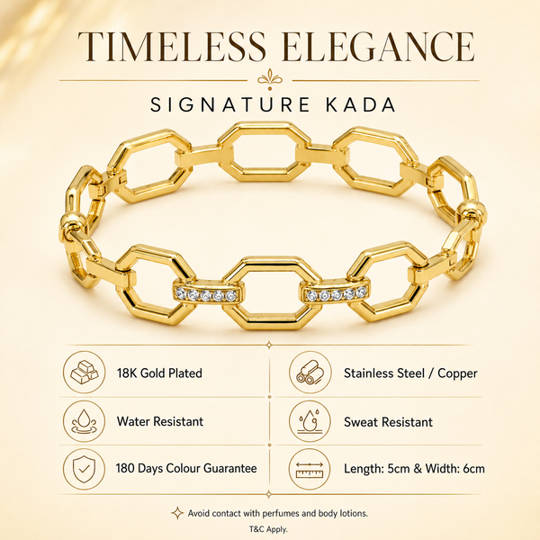 Kadas Gold-Tone Hexagonal Geometric Cutwork Kada with Crystal-Accented Links - Polished Finish Openwork Bracelet - House of Viya