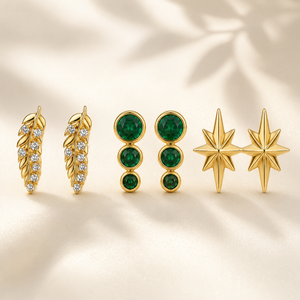 Earrings Pave Leaf Hoop, Emerald Drop & Starburst Stud Earrings Set of 3 Pairs