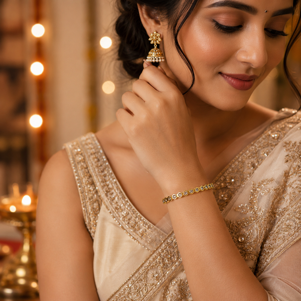 Gold Flush Set Diamond Band Oval Kada for Women | Grain Set Stone Stainless Steel Ladies Bangle | Refined Festive Jewellery - House of Viya