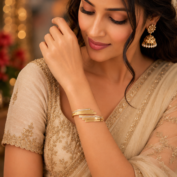 Gold Scallop Edge Diamond Oval Kada for Women | Wave Border Stone Stainless Steel Ladies Bangle | Fancy Design Jewellery - House of Viya