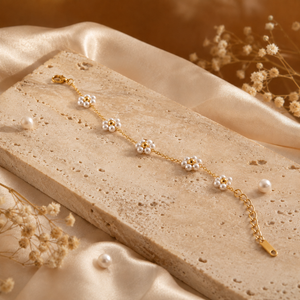 Gold Plated Pearl Cluster Floral Flower Station Delicate Chain Bracelet with Lobster Clasp