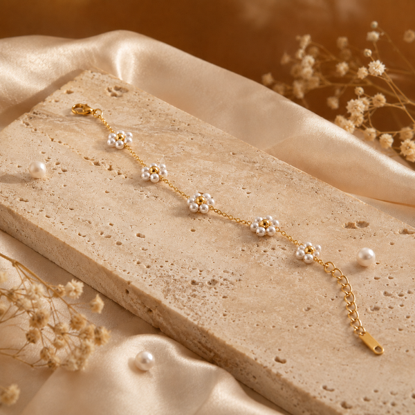 Gold Plated Pearl Cluster Floral Flower Station Delicate Chain Bracelet with Lobster Clasp