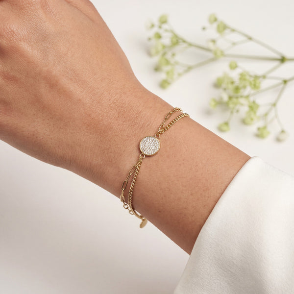Gold Plated Double Figaro Chain Bracelet with Central Pave White Stone Round Disc Charm