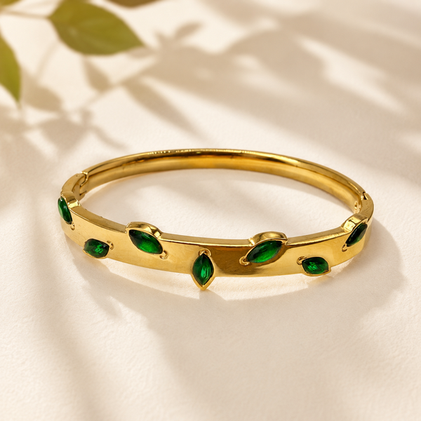Real Marquise Emerald Green Stone Gold Oval Kada for Women | Oval Bezel Gemstone Stainless Steel Ladies Bangle | Genuine Stone Festive Jewellery - House of Viya