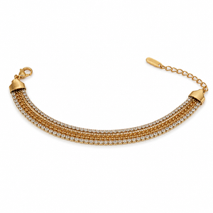 Gold Plated Wide Triple Strand Curb Chain Bracelet with Centre White Stone Tennis Row - House of Viya