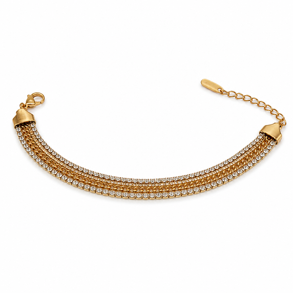 Gold Plated Wide Triple Strand Curb Chain Bracelet with Centre White Stone Tennis Row - House of Viya