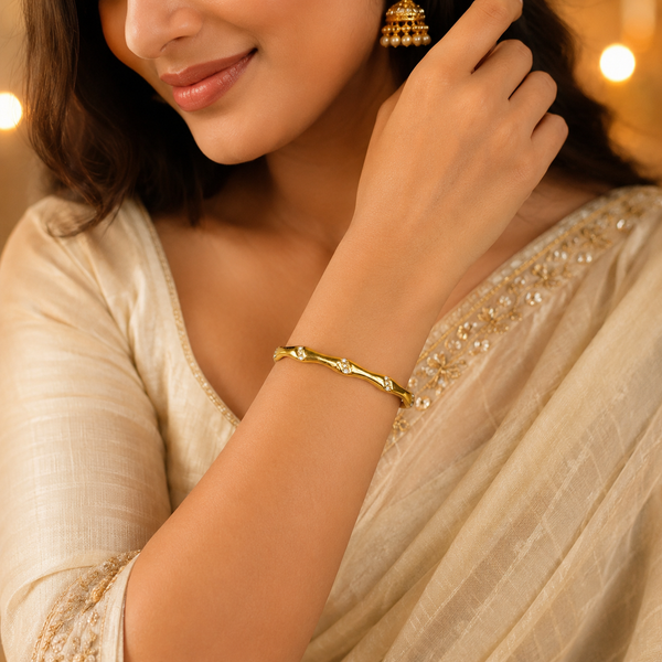 Gold Wavy Twist Organic Shape Diamond Kada for Women | Curve Point Stone Stainless Steel Ladies Bangle | Artistic Festive Jewellery - House of Viya