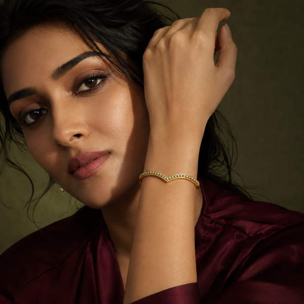 Kadas Gold-Tone Crystal-Studded Chevron Design Slim Kada for Women - House of Viya