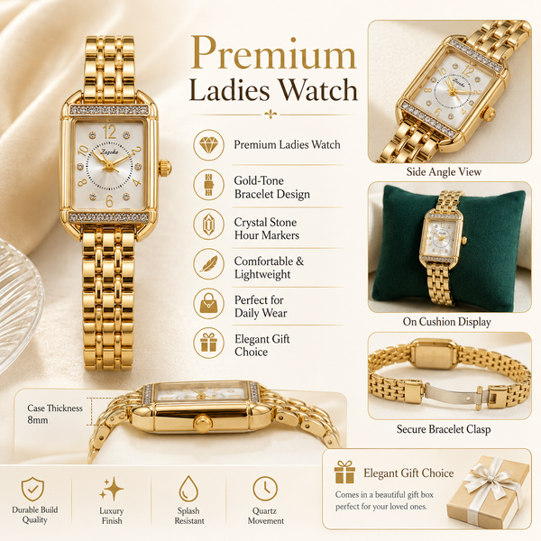Watches Gold-Tone Rectangular Dial Crystal Studded Bezel Bracelet Watch for Women - House of Viya