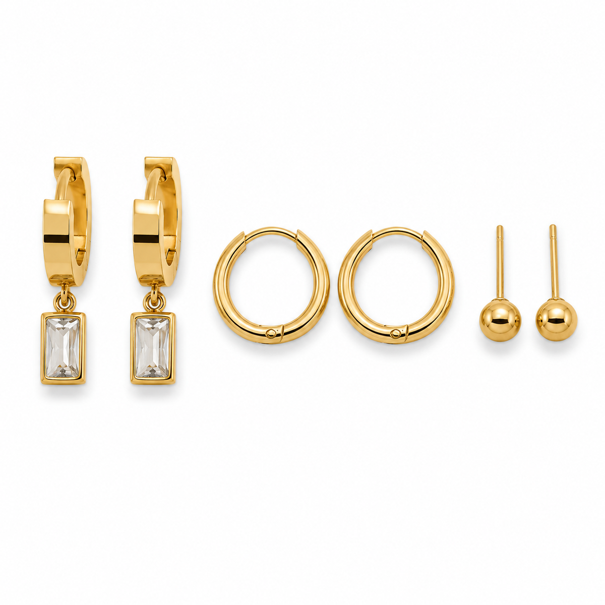 Earrings Black Enamel Baguette Drop Huggie, Circle Hoop & Gold Ball Stud Earrings Set of 3 Pairs