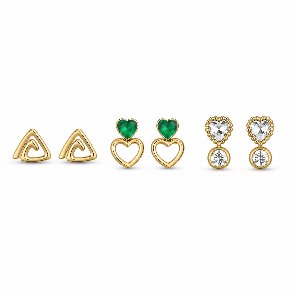 Earrings Gold Triangle, Emerald Heart & Zircon Kite Stud Earrings Set of 3 Pairs