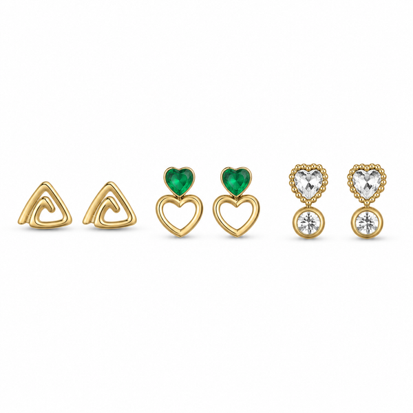 Earrings Gold Triangle, Emerald Heart & Zircon Kite Stud Earrings Set of 3 Pairs