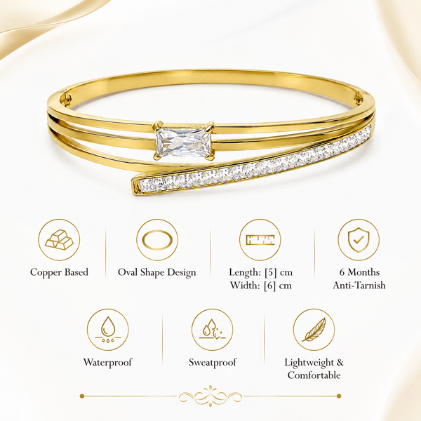Gold Leaf Motif Diamond Oval Kada for Women | Botanical Stone Stainless Steel Ladies Bangle | Nature Inspired Jewellery - House of Viya
