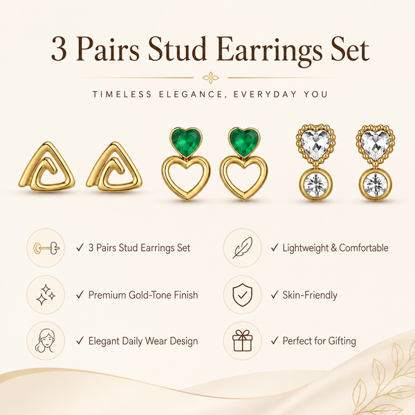Earrings Gold Triangle, Emerald Heart & Zircon Kite Stud Earrings Set of 3 Pairs