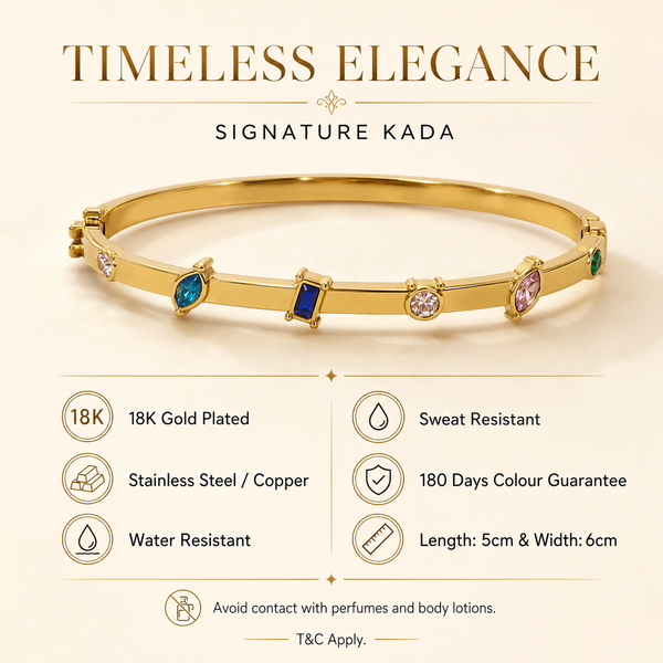 Kadas Gold-Tone Multicolour Stone-Studded Kada with Spaced Crystal Stations - Polished Finish Slim Bracelet - House of Viya