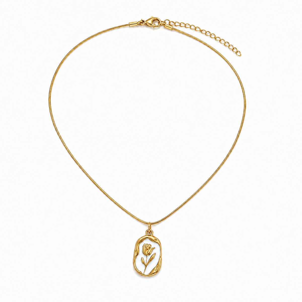 Chain – 18K Gold-Plated Slim Snake Chain with White Enamel Floral Relief Pendant