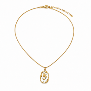 Chain – 18K Gold-Plated Slim Snake Chain with White Enamel Floral Relief Pendant
