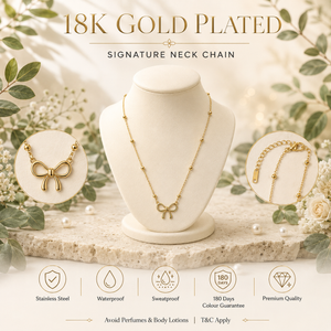 Chain 18K Gold-Plated Beaded Link Chain with Bow Pendant - House of Viya