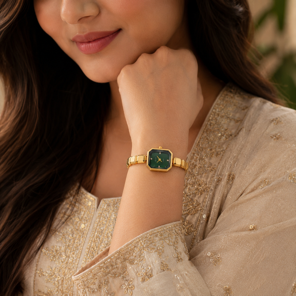 Watches Gold-Tone Rectangular Green Dial Brick Link Bracelet Watch for Women