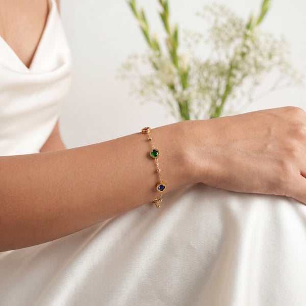 Gold Plated Delicate Chain Bracelet with Round Bezel Set Multicolour Stone and Gold Bead Stations