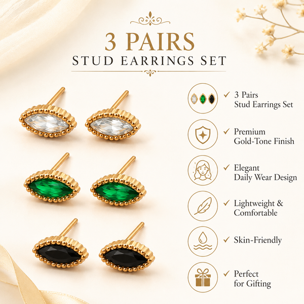 Earrings Crystal, Emerald & Black Kite Halo Stud Earrings Set of 3 Pairs