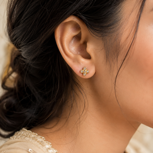 Earrings Gold Floral Cluster, Emerald Oval Drop & Textured Clover Stud Earrings Set of 3 Pairs