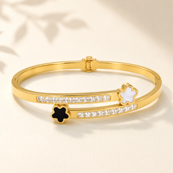 Gold Burnish Set Diamond Oval Kada for Women | Flush Set Stone Stainless Steel Ladies Bangle | Ultra Smooth Festive Jewellery - House of Viya
