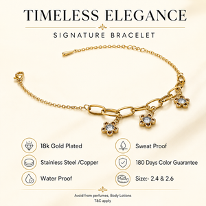 Gold Plated Paperclip Chain Bracelet with Triple Daisy Flower White Stone Charm Cluster Pendant
