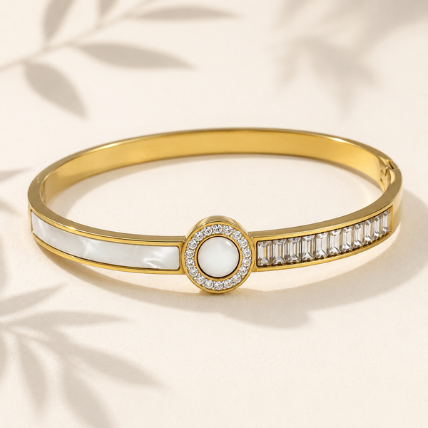 Gold Marquise Diamond Accent Oval Kada for Women | Navette Stone Stainless Steel Ladies Bangle | Elegant Festive Jewellery - House of Viya