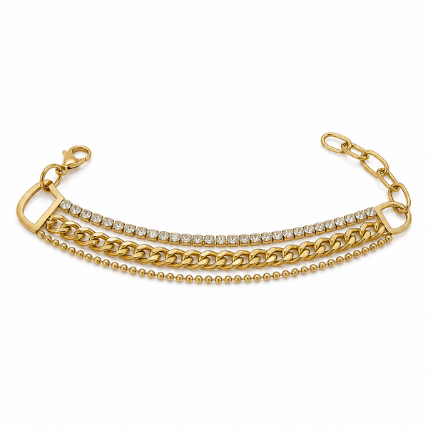 Gold Plated Triple Strand Bracelet with Curb Chain Center and Pave White Stone Side Chains - House of Viya